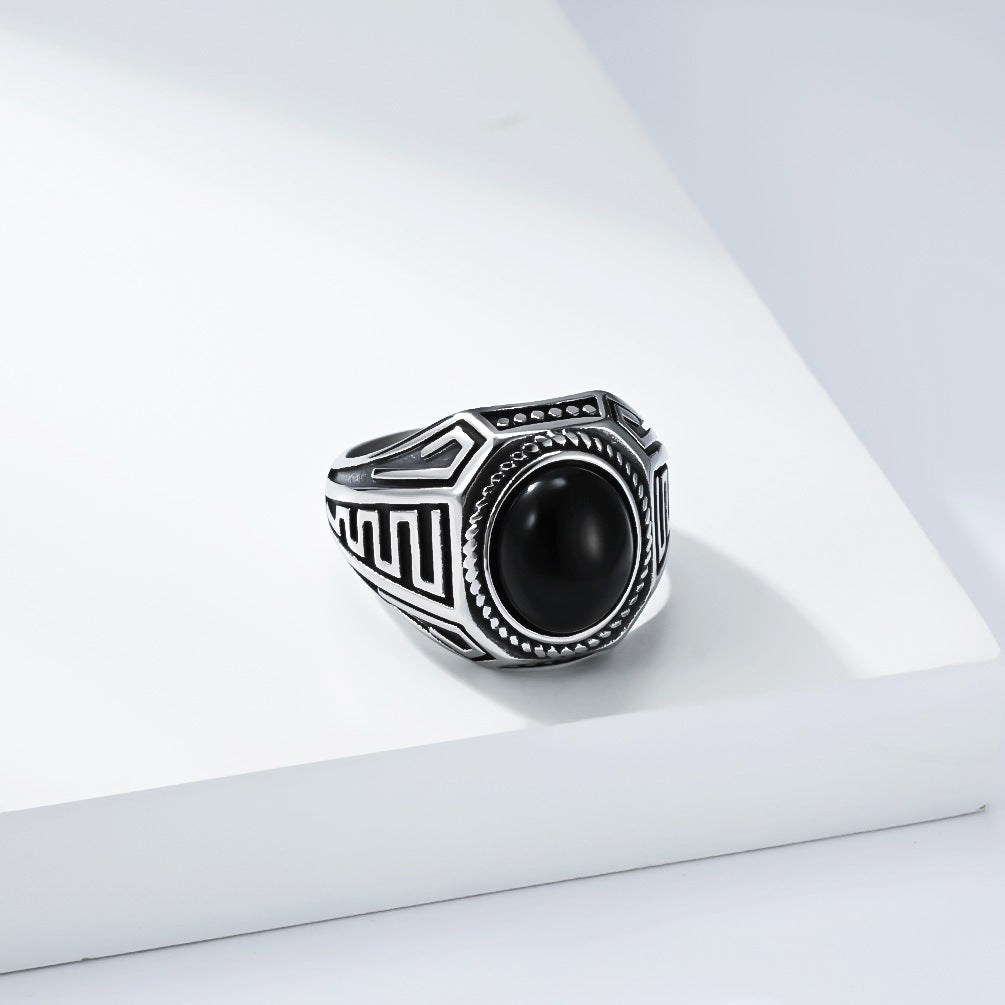 Planderful Everyday Genie Titanium Steel Ring Unisex Fade Resistant Black Stone Vintage European American