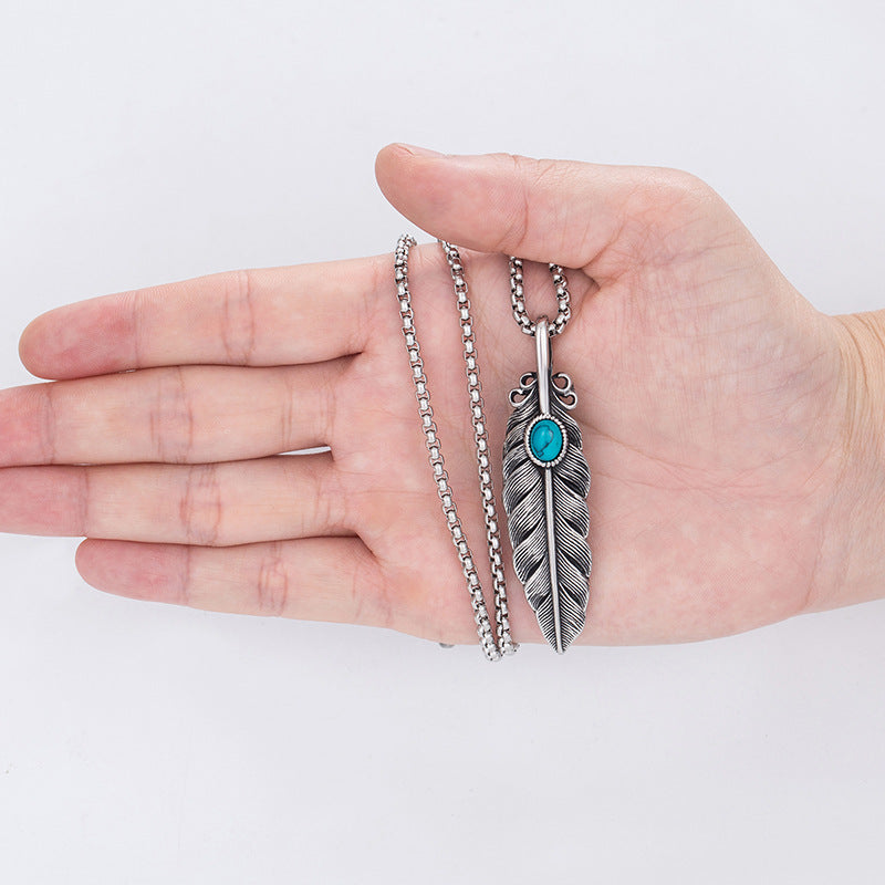 Steel Necklace – Vintage Feather Turquoise Pendant