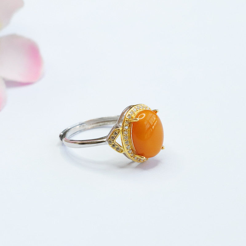 Golden Edge Adjustable Sterling Silver Amber Ring