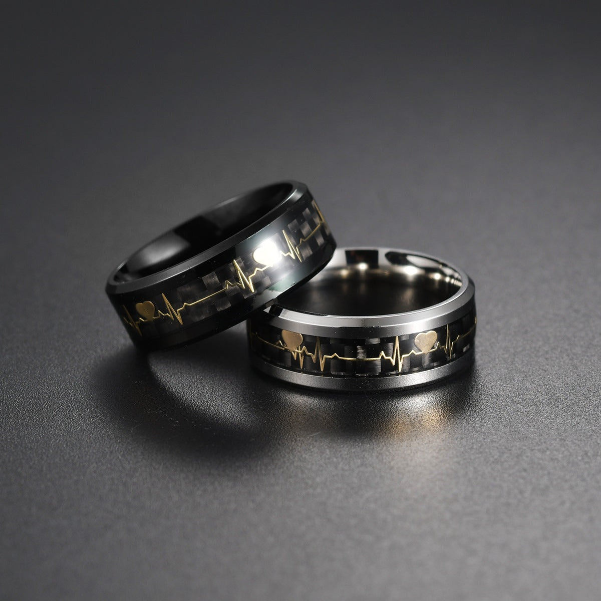 ECG Heartbeat 8mm Carbon Fiber Ring For Valentines Day Couples Unisex Titanium Steel By Planderful Everyday Genie