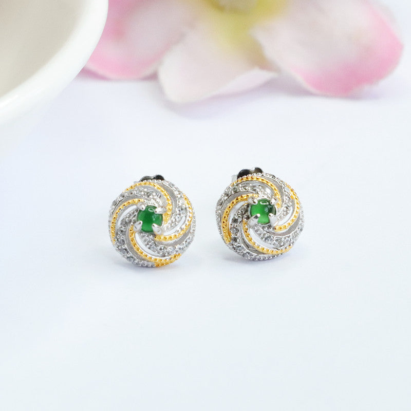 Icy Green Jadeite Spiral 925 Silver Stud Earrings