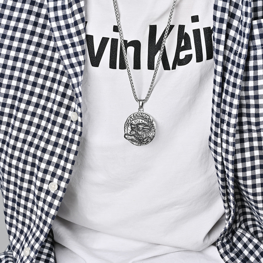 Nordic Style Fenrir Wolf Titanium Steel Necklace Pendant for Men