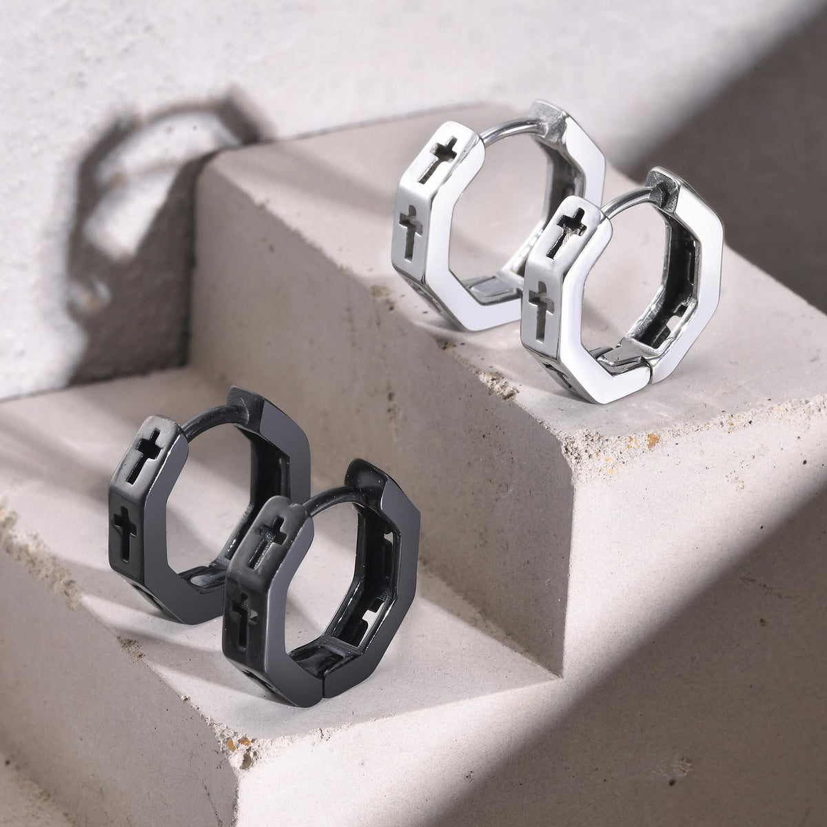 Geometric Cross Earrings — Silver or Black