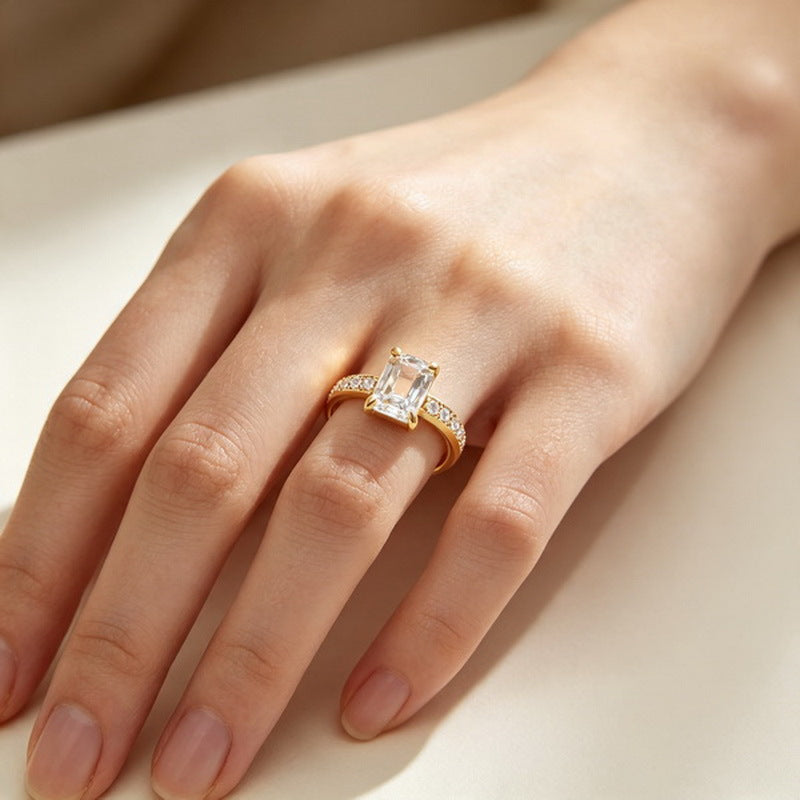 French Four-Claw Rectangle Color Zircon Ring Half Circle Zircon Stainless Steel