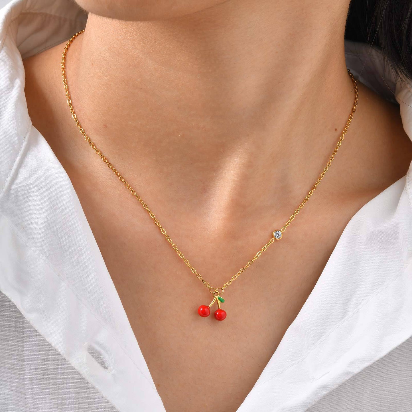 Stainless Steel Sense Zircon Glue Cherry Necklace Crystal Bead Gold