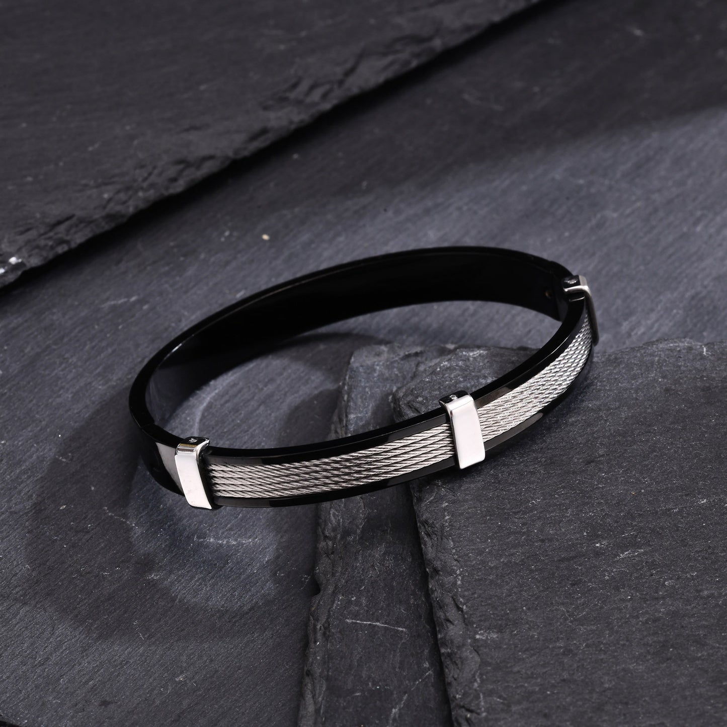 Men's Stainless Steel Black Wire Rope Openable Bracelet Jewelry