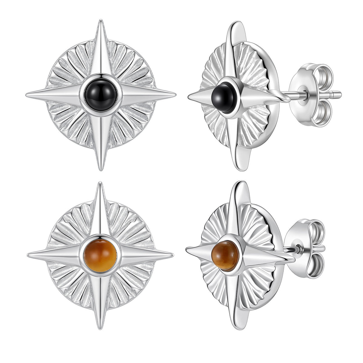 Silver-Tone Compass Stone Stud Earring — Single