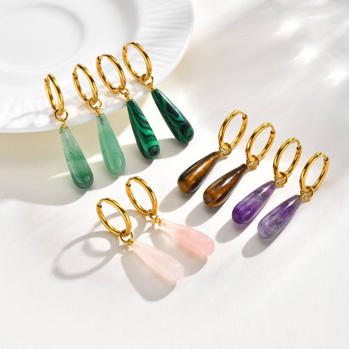 Natural Stone Teardrop Hoop Earrings — 5 Gemstones