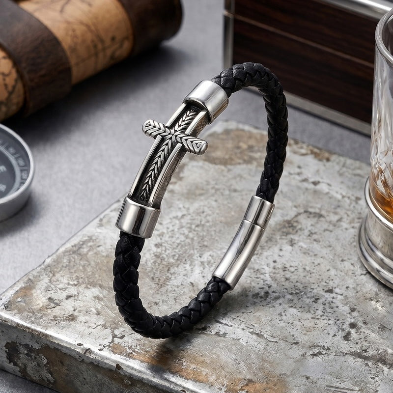 Wheat Ear Cross Curved Bar Woven Leather Bracelet Old Round Stainless Steel