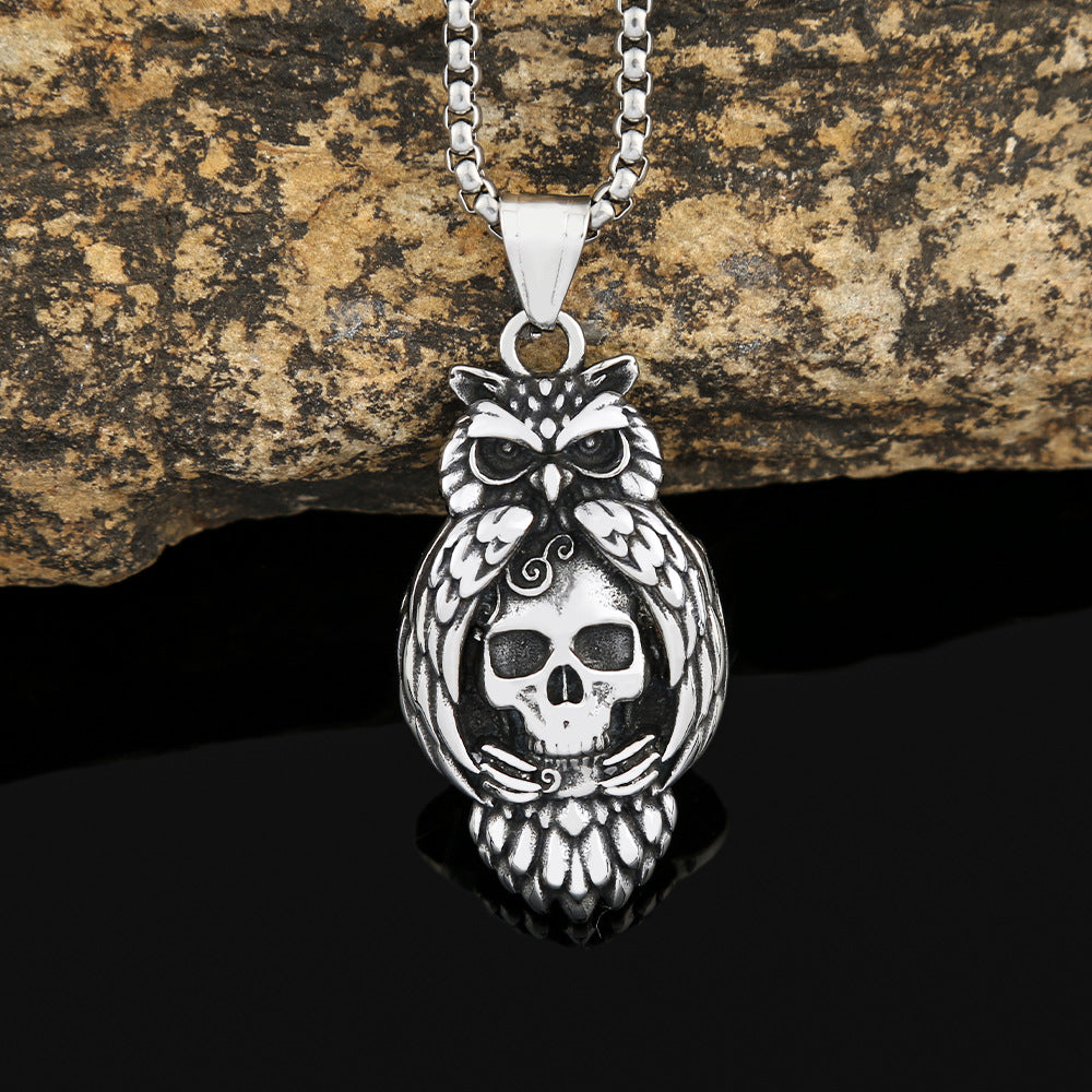 New Stainless Steel Owl Pendant Retro Skull Necklace for Men