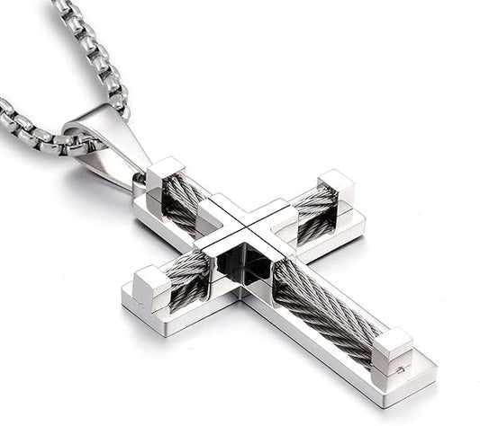 Planderful Stainless Steel Cross Pendant Necklace For Men Durable Hip Hop Style Everyday Wear Gift