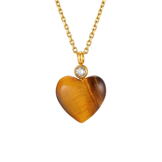 Stainless Steel Zircon Love Natural Tiger's Eye Stone Pendant Heart-Shaped Exquisite