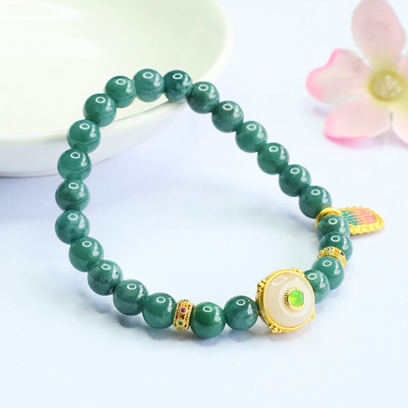 Blue Water Jadeite Script-Accent Beaded Bracelet