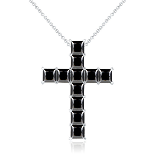 1.0 Carat Princess Cut Black Moissanite Cross Silver Necklace