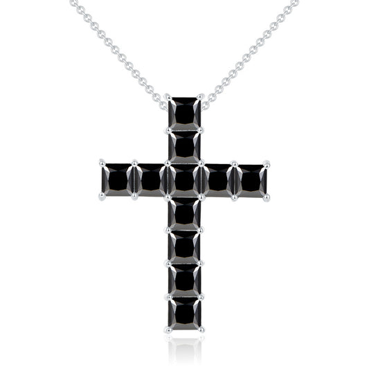 1.0 Carat Princess Cut Black Moissanite Cross Silver Necklace