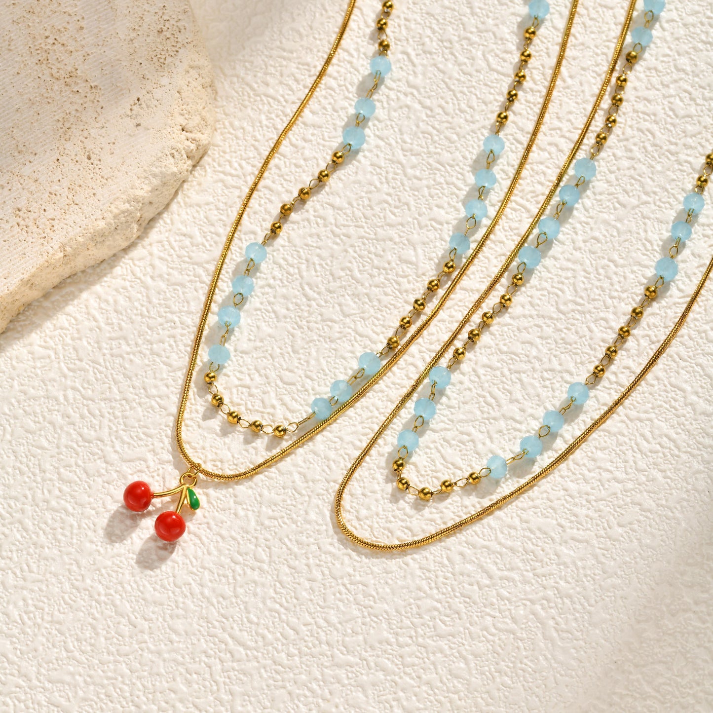 Stainless Steel Beaded Sugar Cube Necklace Light Blue Bead Chain Cherry Sweet Necklace