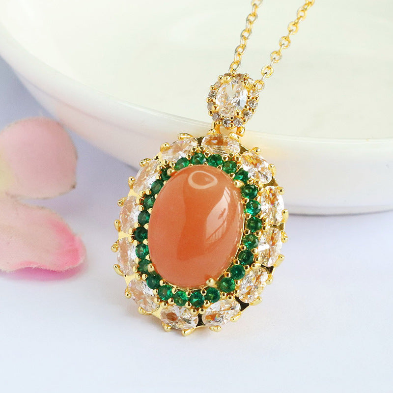 Orange Moonstone Green Zircon Pendant — No Chain
