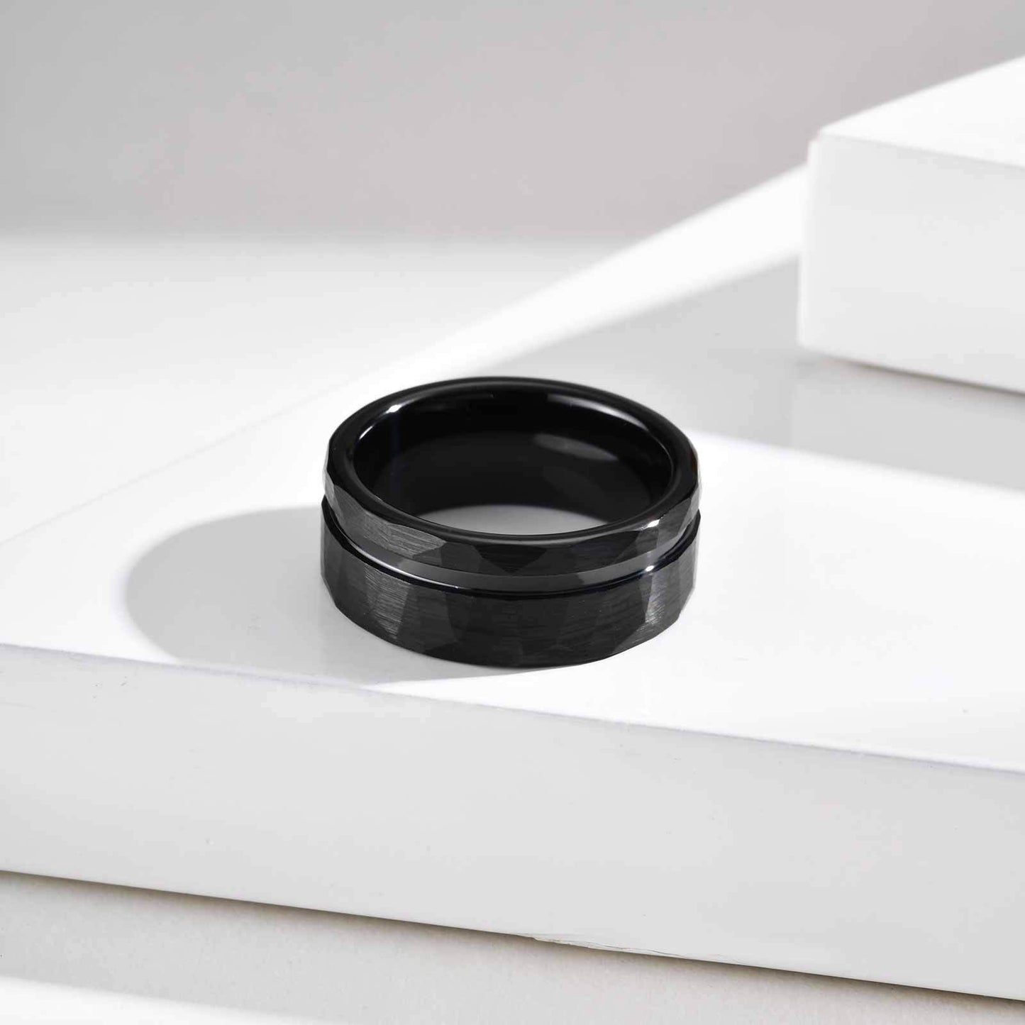 Black 8mm Tungsten Steel Ring Brushed Inner Hammer Texture