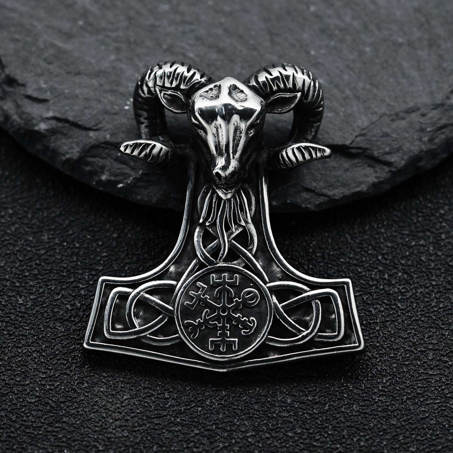Steel Necklace - Vintage Viking Thor Hammer Pendant with Rune Compass Charm By Planderful