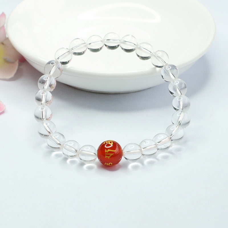 Red Agate and White Crystal Fortune Bracelet with Six-character Proverbs