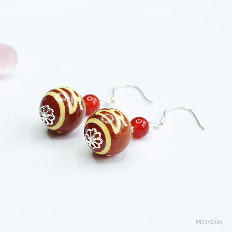 Wealth Motif Dzi Bead 925 Silver Hook Earrings