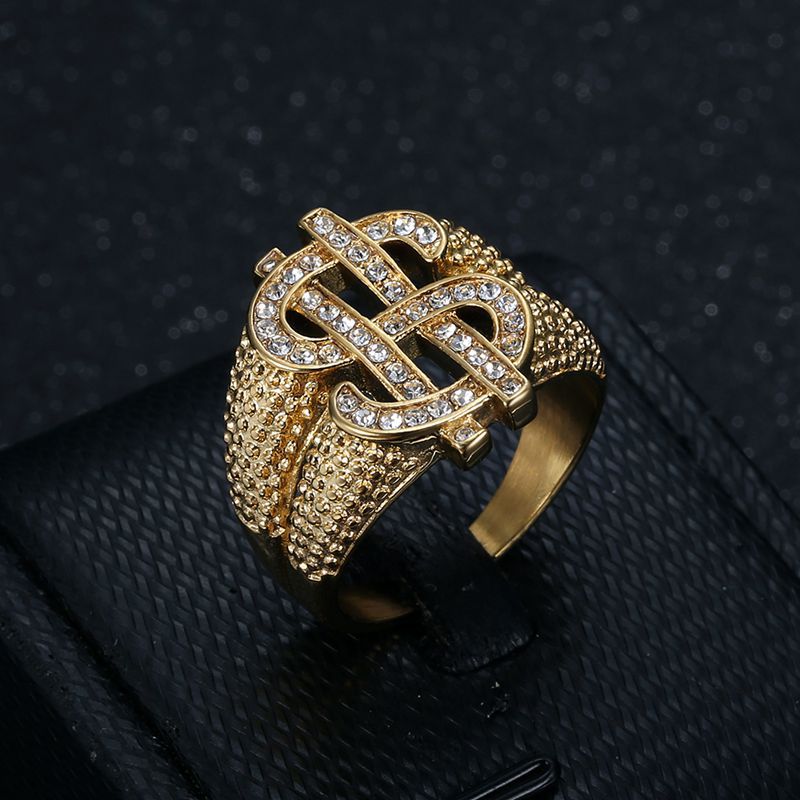 Planderful Everyday Genie Hip Hop Ring Bold Titanium Steel Gold Plated Zircon Dollar Symbol For Men