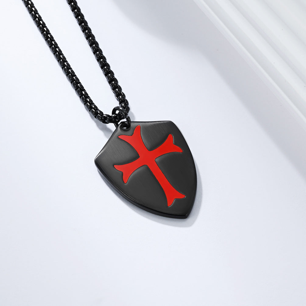 Cross Necklace For Men Matte Stainless Steel Shield Pendant By Planderful Shop Bold Retro Expedition Style