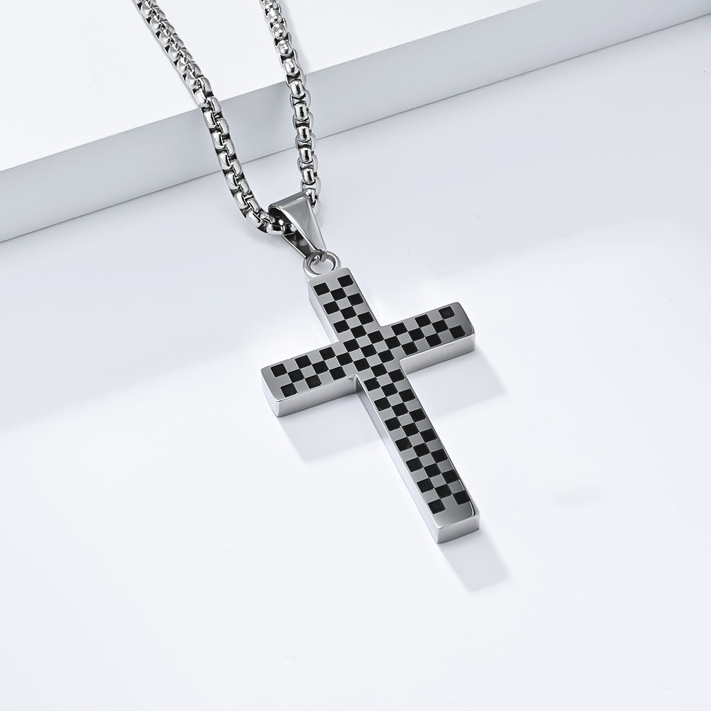 Planderful Titanium Steel Cross Necklace For Men And Women With Black And White Grid Racing Flag Pendant