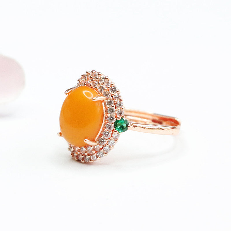 Vintage Russian Amber Ring with Green Zircon Halo