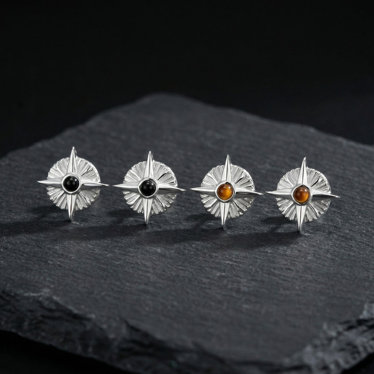 Silver-Tone Compass Stone Stud Earring — Single