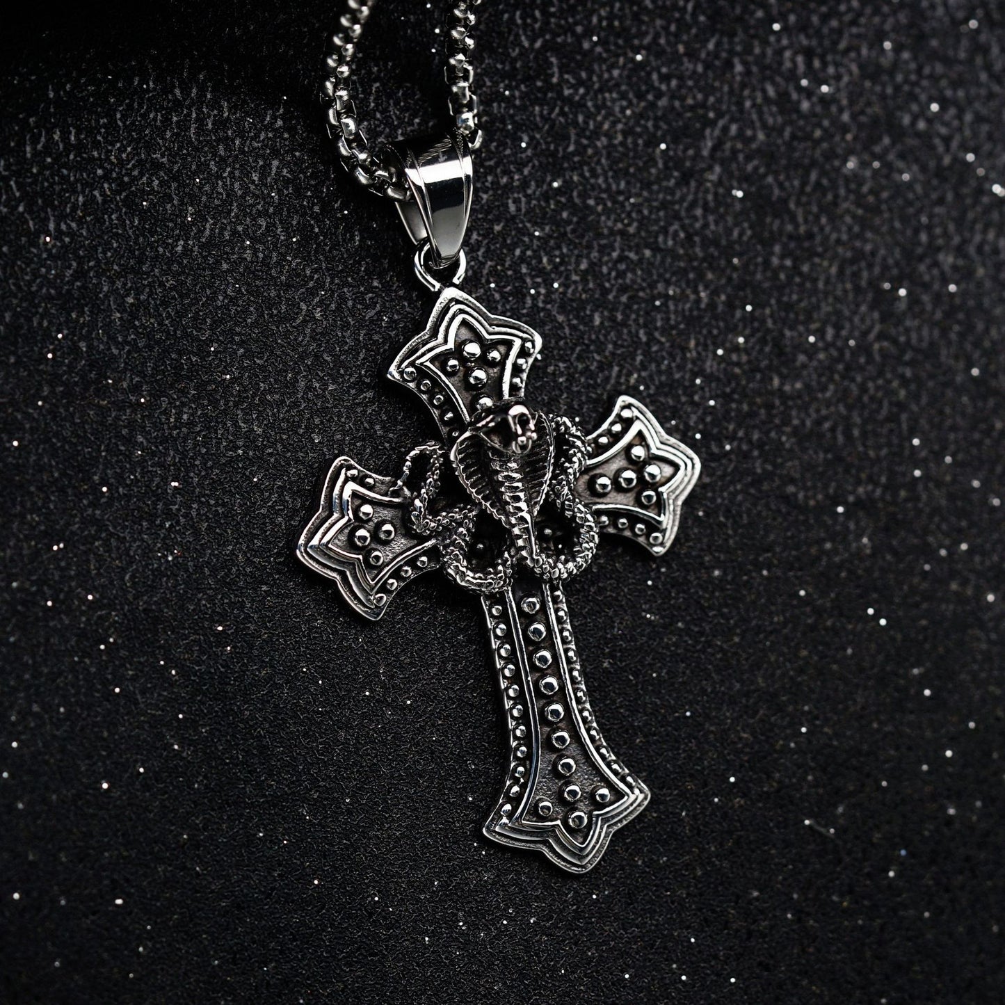 Steel Necklace - Vintage Cross Engraved Cobra Pendant