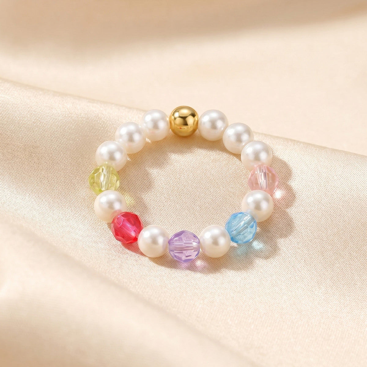 Summer Wear – Dopamine Sense Stainless Steel Imitation Pearl Multicolored Bead Ring