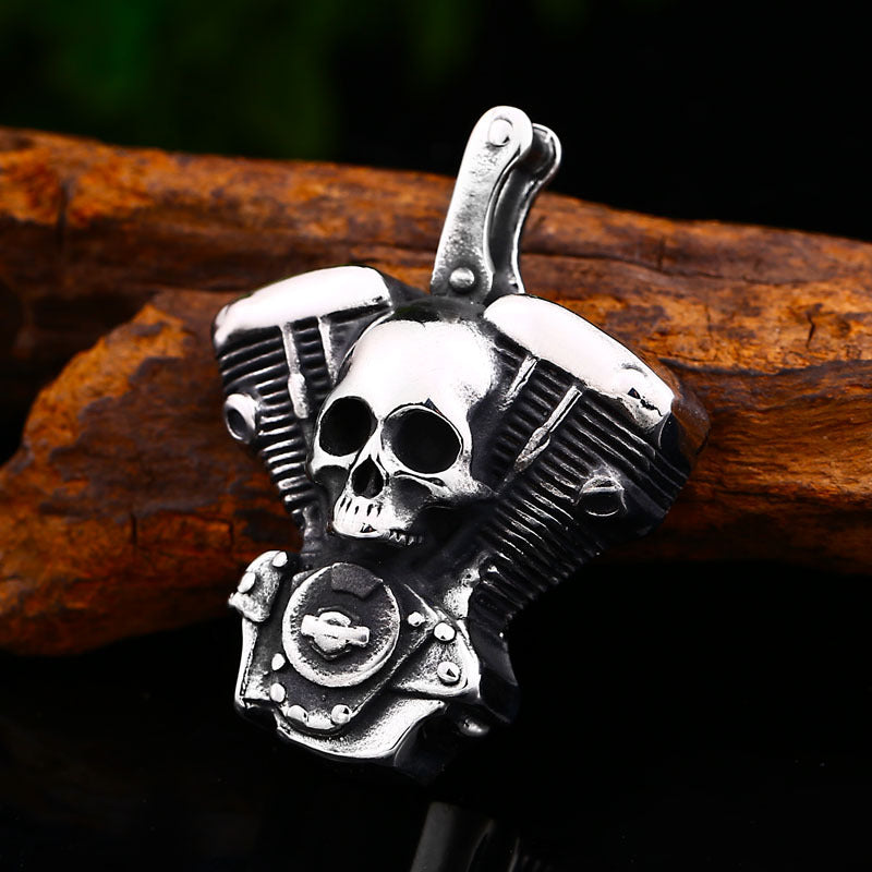 Titanium Steel Motorcycle Engine Pendant with Retro Skull Design for Men