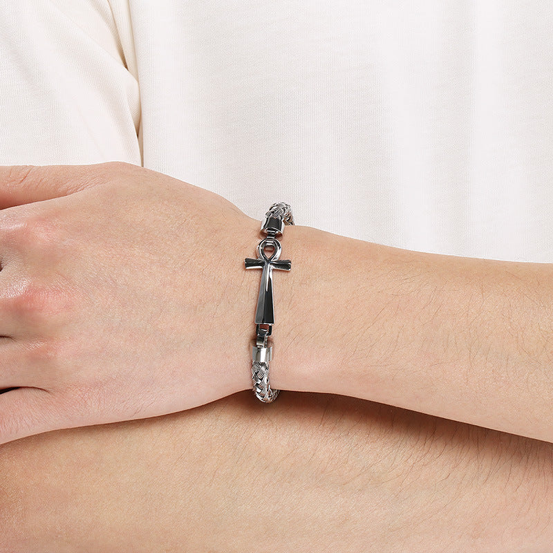 Stainless Steel Braided Wire Bracelet Ancient Egyptian Charm Of Life Anka Cross Men's