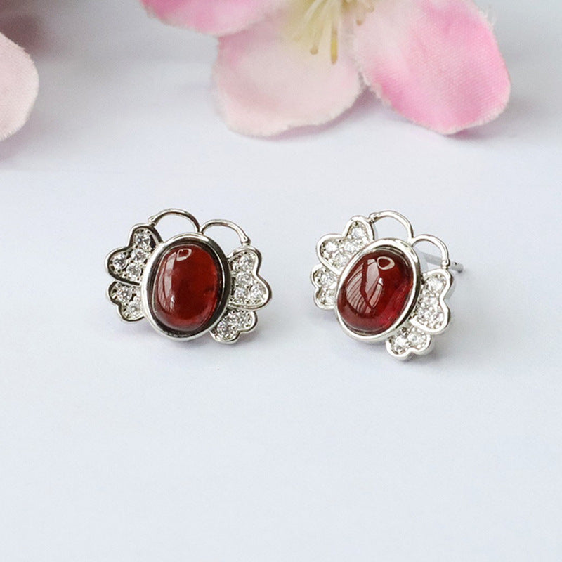 Orange-Red Garnet Butterfly 925 Silver Stud Earrings