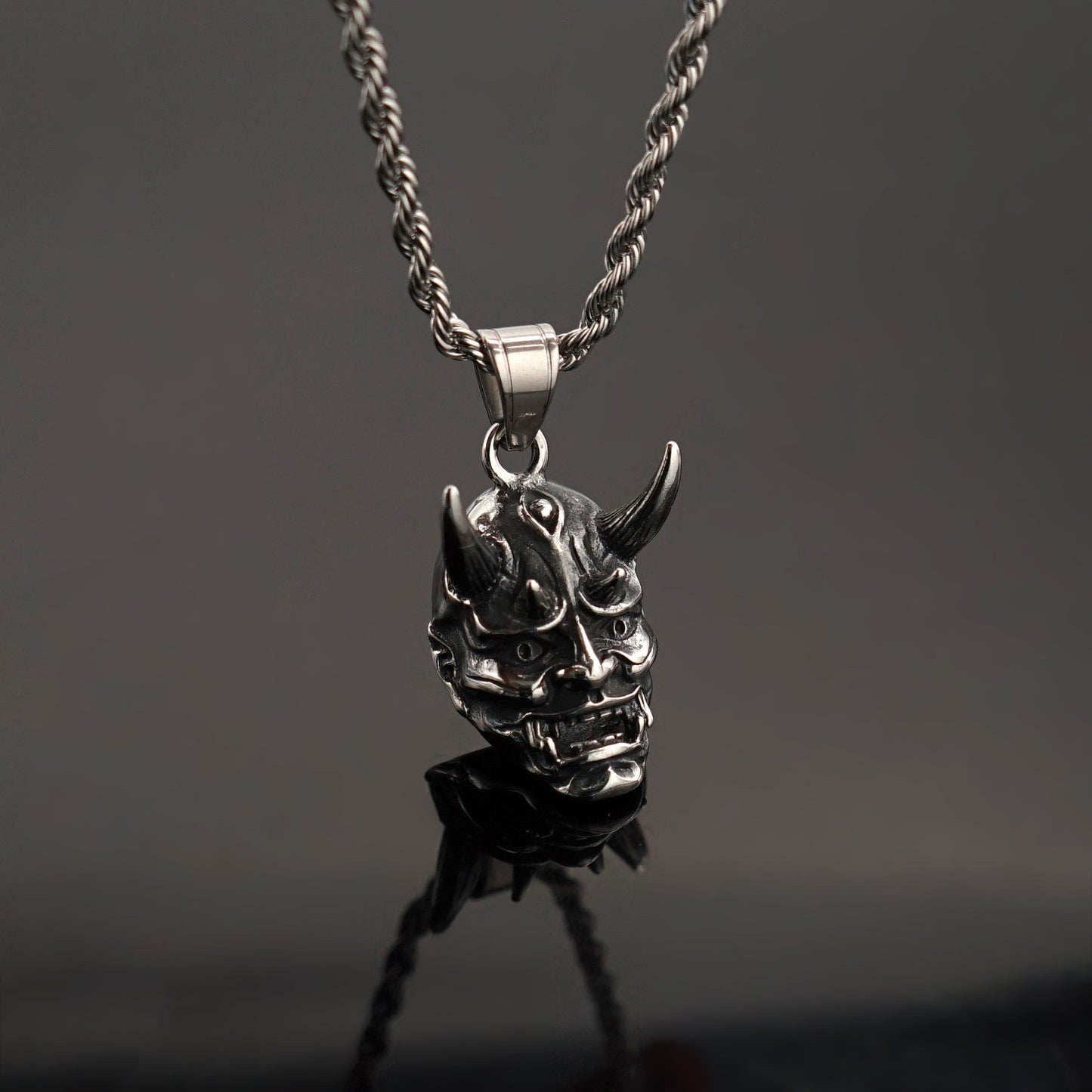 Steel Necklace – Vintage Long Horn Ghost Mask Pendant