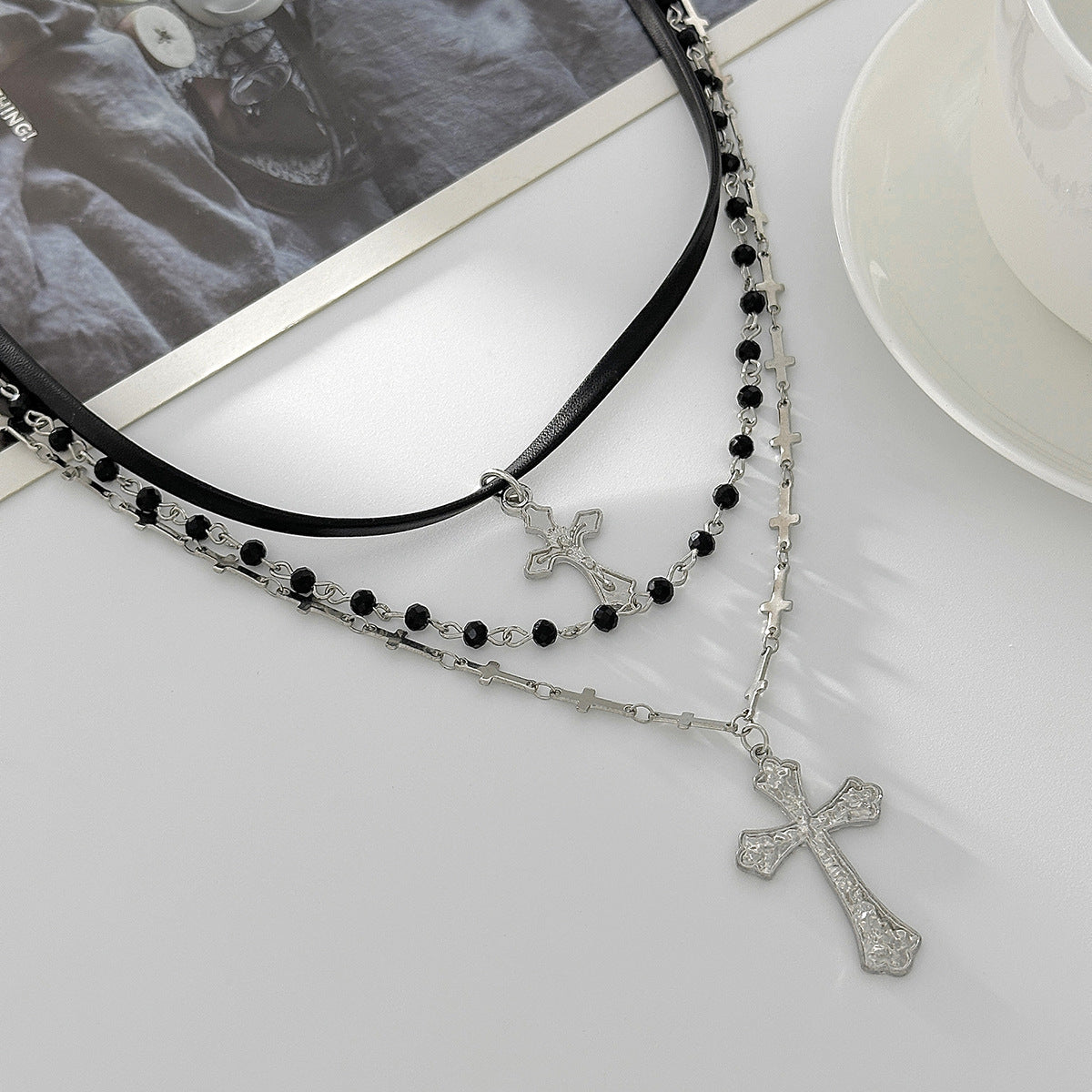 Crystal-Style Cross Layered Necklace