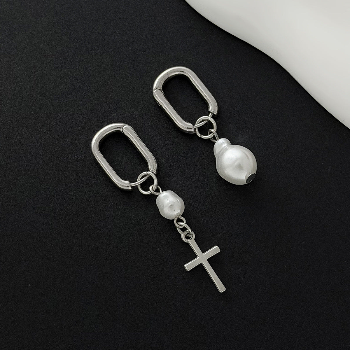 Planderful Pearl Fringed Earrings With Chain Rivet Cross Accent For Fashion Forward Women Statement Ear Jewelry