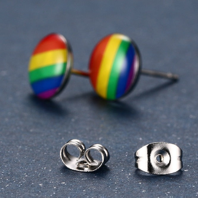Rainbow Stripe Stainless Steel Stud Earrings — Pair