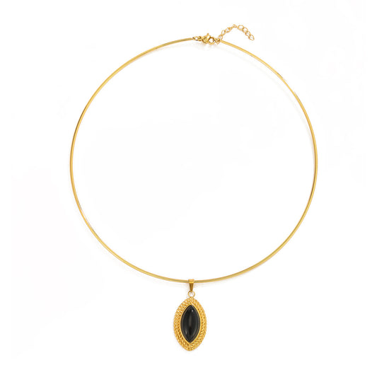 Retro Stainless Steel Cat'S Eye Black Stone Pendant Collar Twist Hemming Gem Necklace