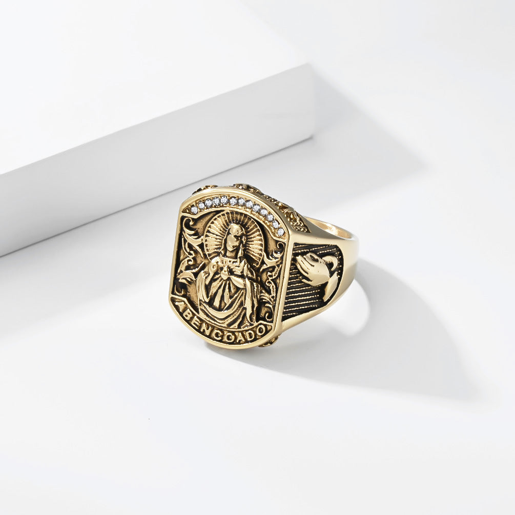 Churches Pray For Blessing & Prayer Hands Stainless Steel Ring Relief Portrait Baroque