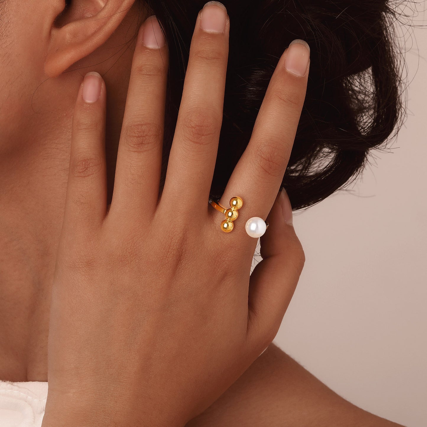 Jewelry Stainless Steel 3 Steel Balls Imitation Pearl Ring