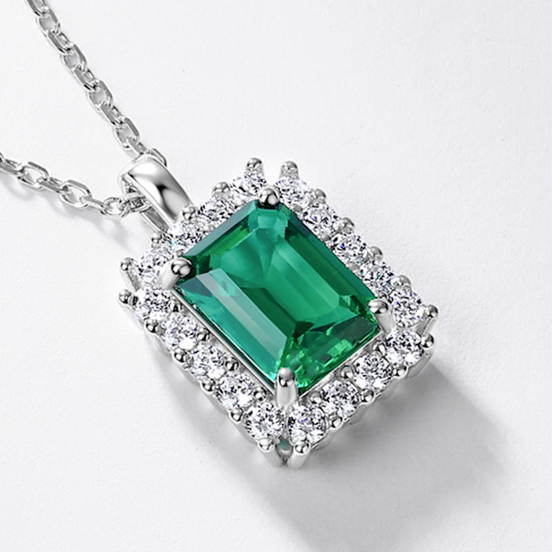 Planderful Jewelry Sterling Silver Lab Grown Emerald Necklace With Vintage Zircon Halo, Elegant Gift