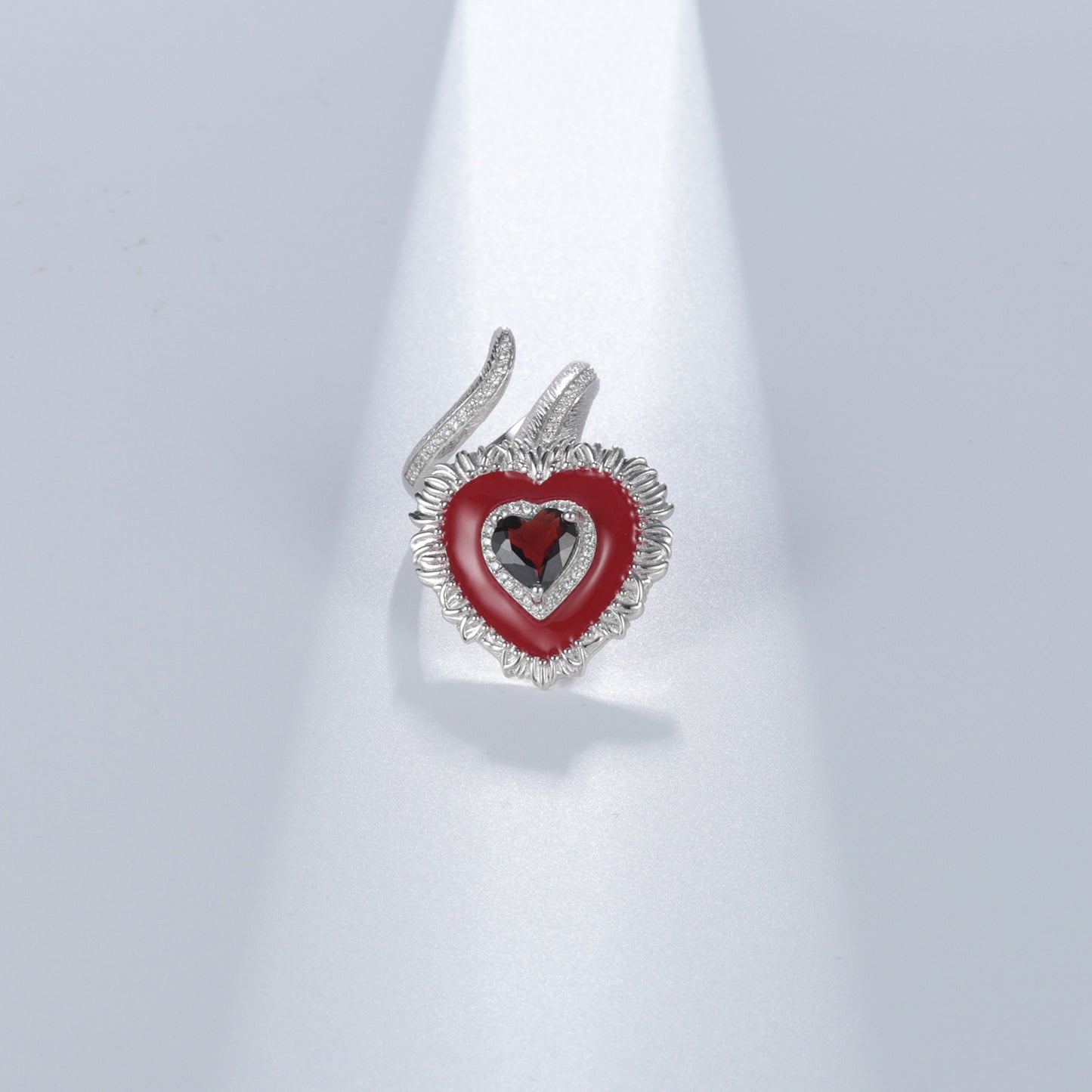 Angel Red Heart Natural Gemstones Opening Silver Ring