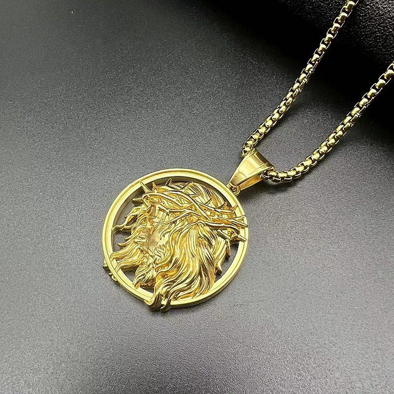 Planderful Unisex Stainless Steel Necklace 3D Relief Western Mythology Pendant Gold Plated Retro Hip Hop Jewelry