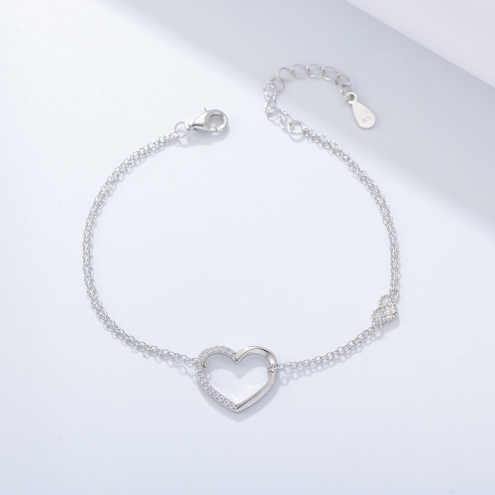 S925 Sterling Silver Zircon Heart Bracelet Planderful For Women Double Layer Elegant Jewelry