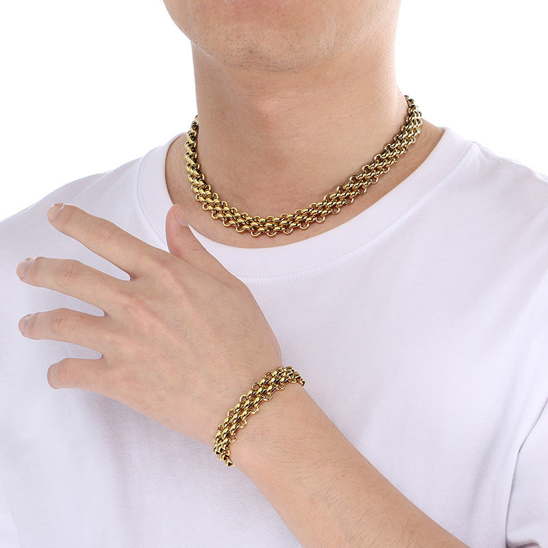 Mens Titanium Steel Triple Row Chain Necklace Bracelet