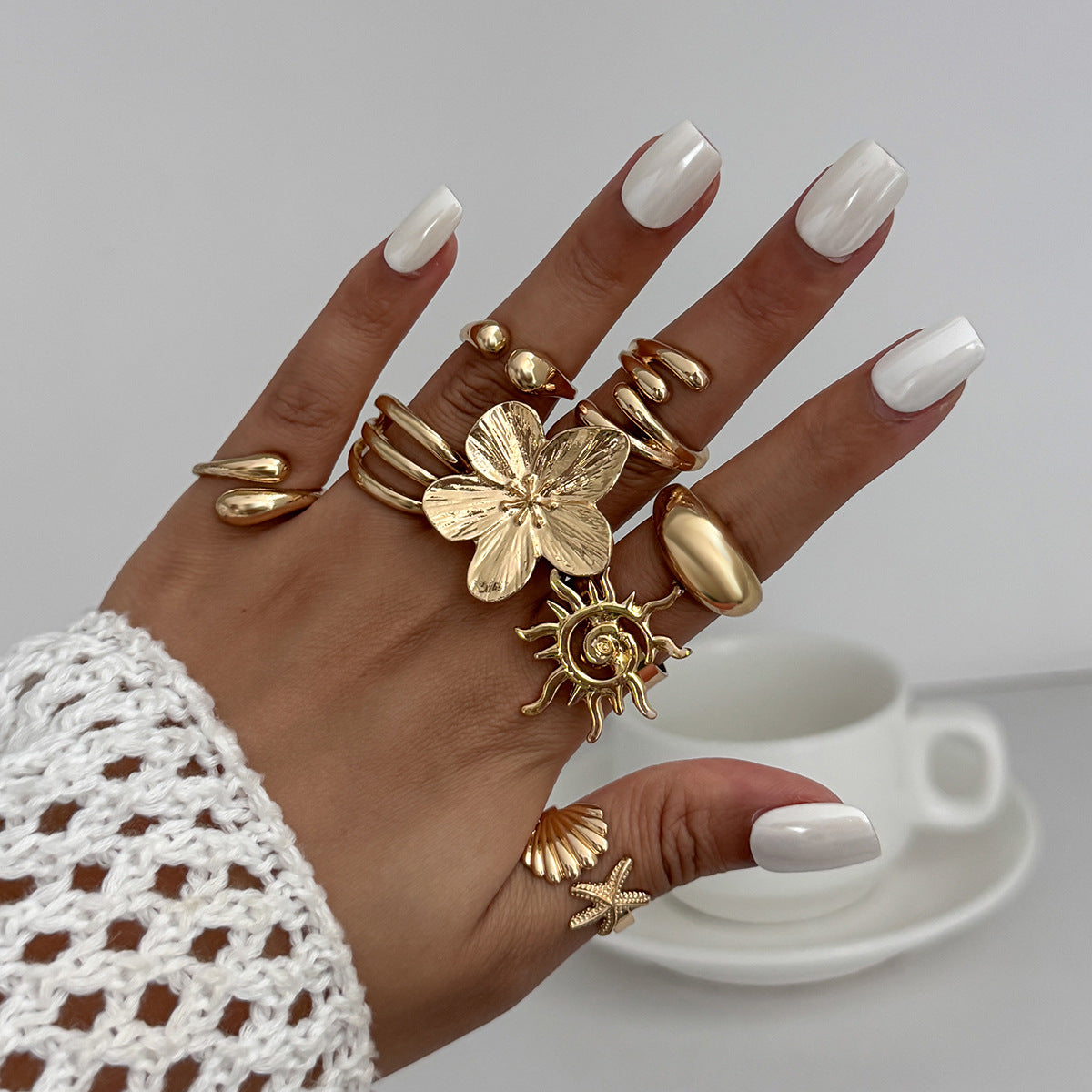 Planderful Vienna Verve Ocean Starfish Ring With Niche Pearl Conch Shell For Women Statement Jewelry