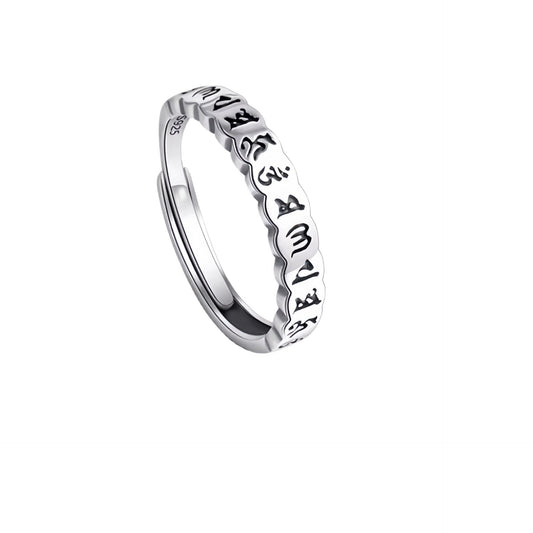 Planderful Sterling Silver S925 Unisex Ring With Retro Six Word Proverb Chinese Natal Year Adjustable