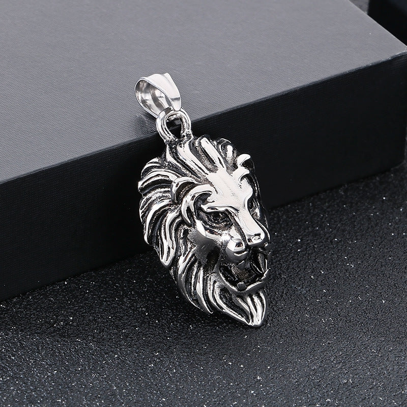 Planderful Lion Head Zircon Pendant Steel Mens Necklace